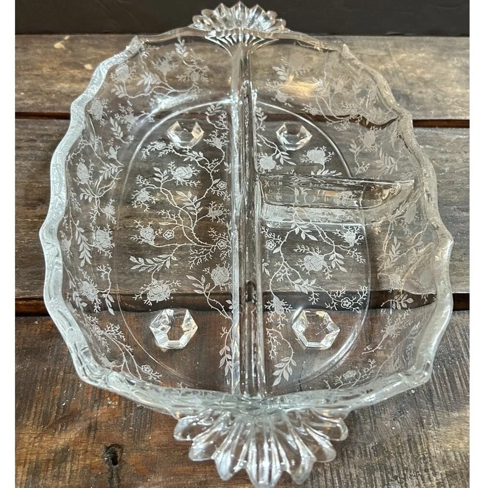 Fostoria Chintz Baroque Etched Floral Clear Glass Dish 3 Section Divided Tray